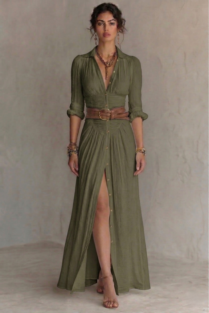 Rose – Robe Maxi Col V Plissée à Ceinture