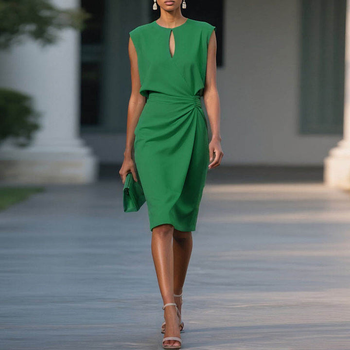 Ophélie – Robe Midi Col Rond Taille Plissée