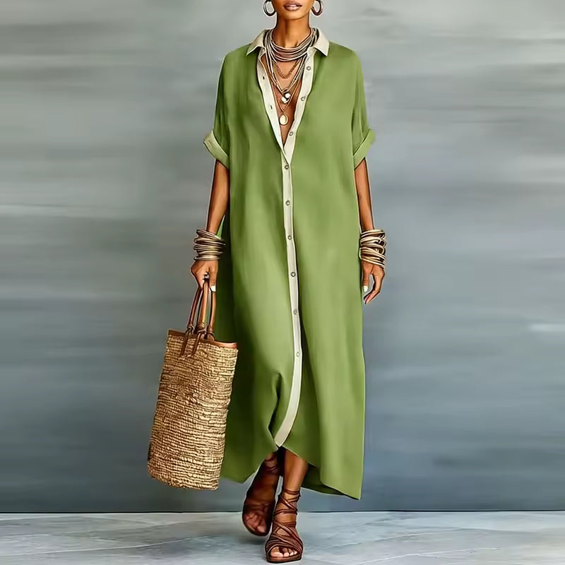 Manon – Robe Maxi Chemisier Boutonnée Manches Courtes