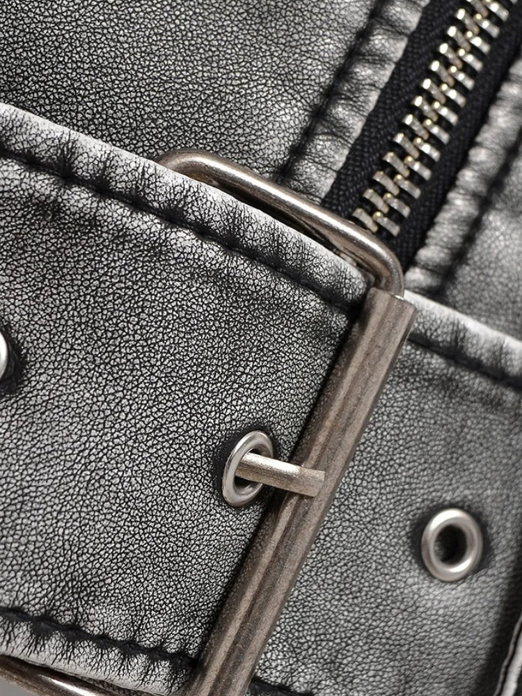 Liliana – Veste Simili Cuir Asymétrique à Ceinture
