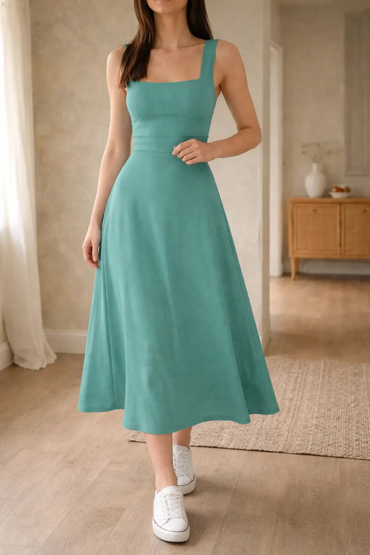 Robe midi trapèze à décolleté carré