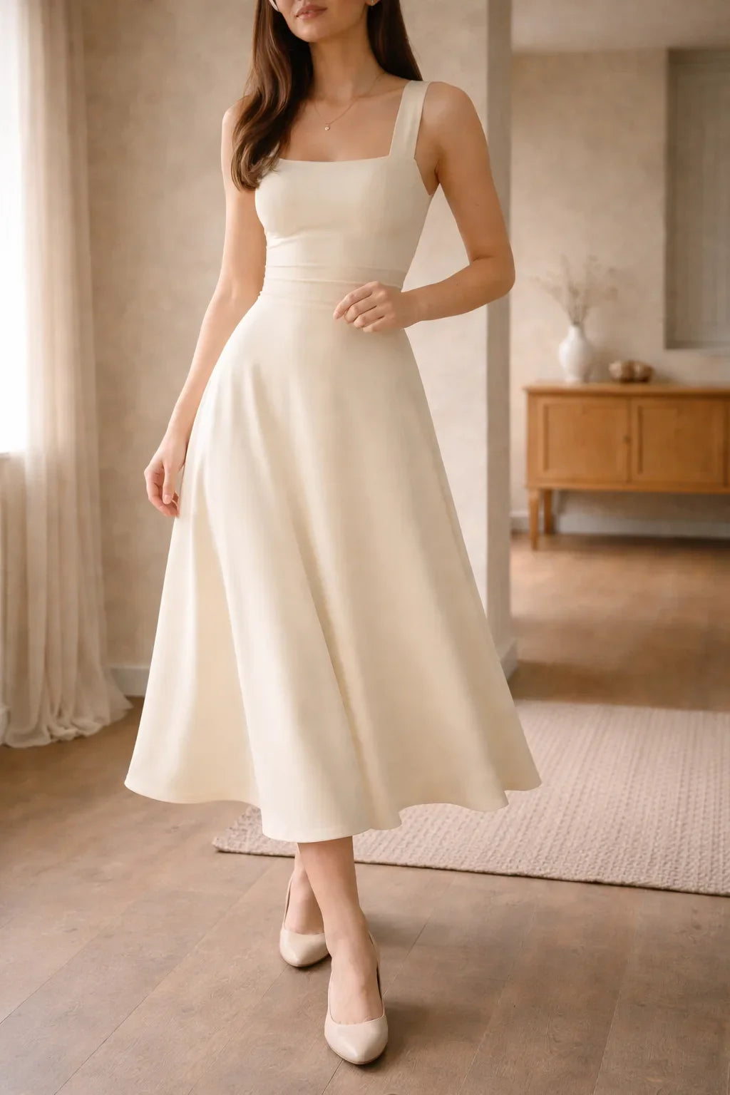 Robe midi trapèze à décolleté carré