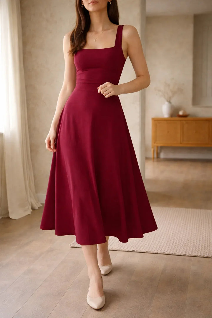 Robe midi trapèze à décolleté carré