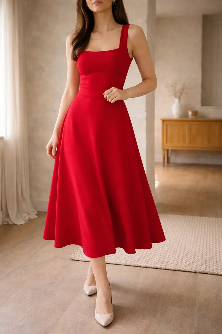 Robe midi trapèze à décolleté carré