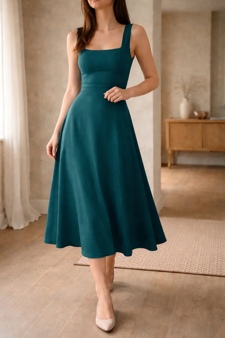 Robe midi trapèze à décolleté carré