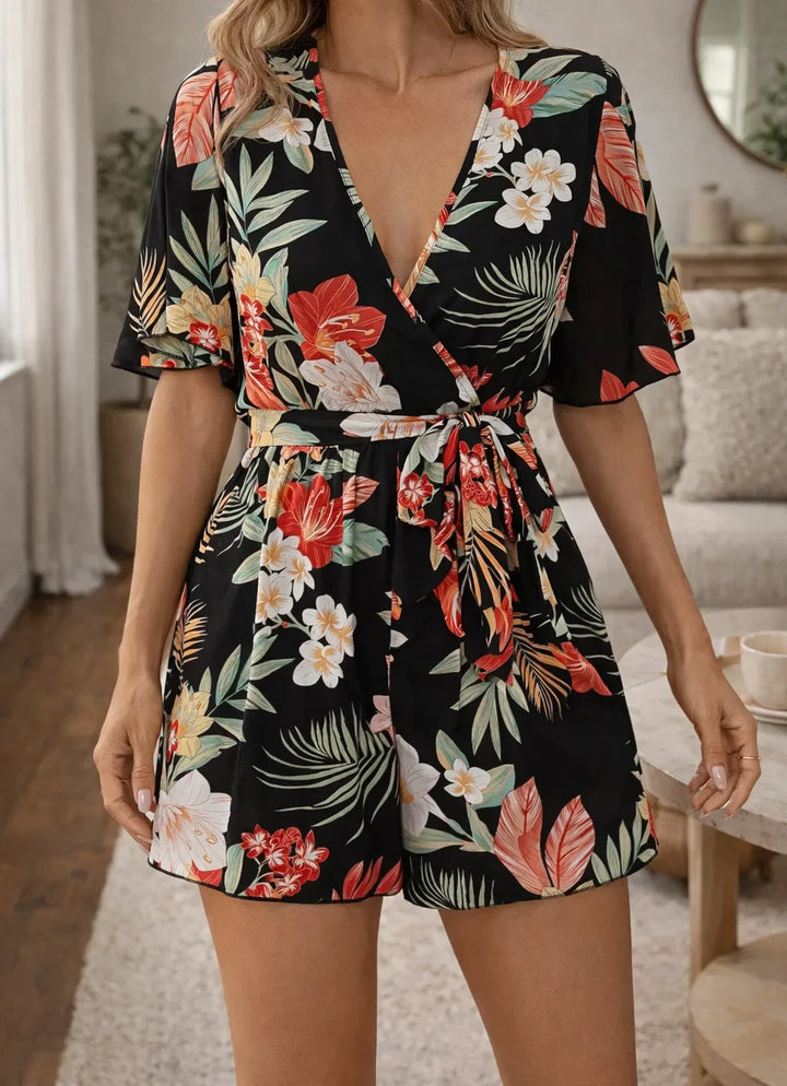 Combishort fluide à imprimé fleuri et ceinture