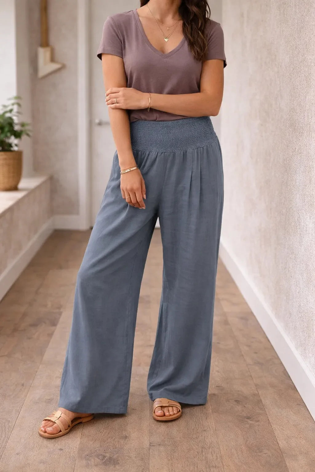 Pantalon fluide taille haute à jambes larges