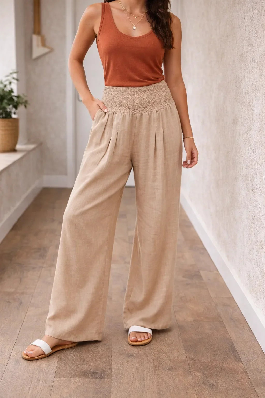 Pantalon fluide taille haute à jambes larges