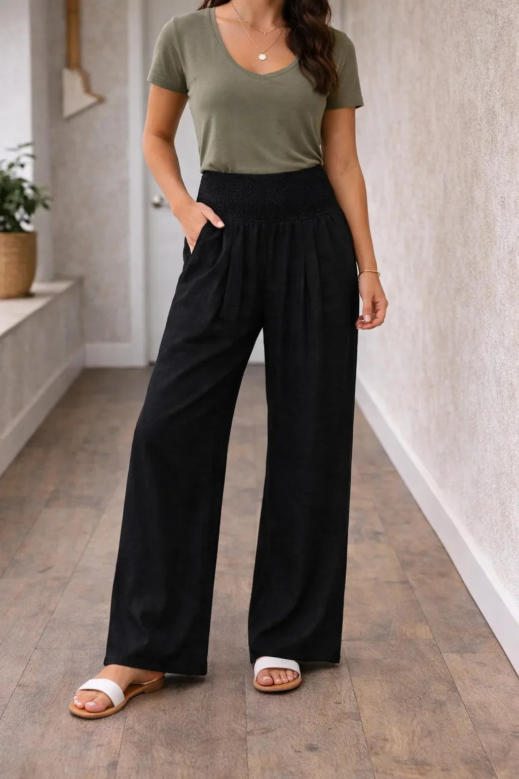 Pantalon fluide taille haute à jambes larges