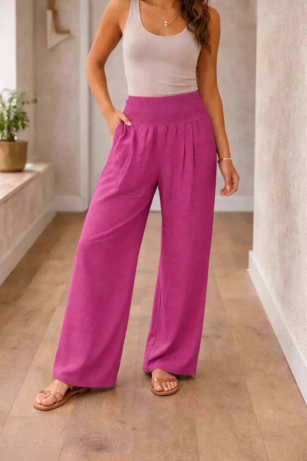 Pantalon fluide taille haute à jambes larges
