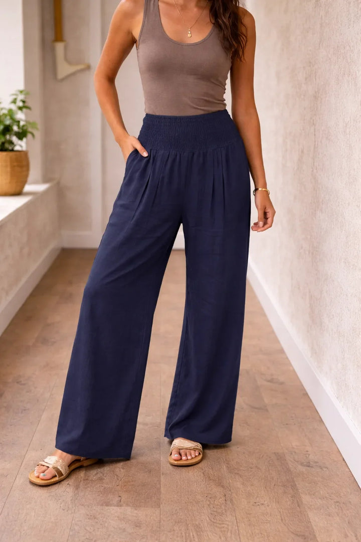 Pantalon fluide taille haute à jambes larges