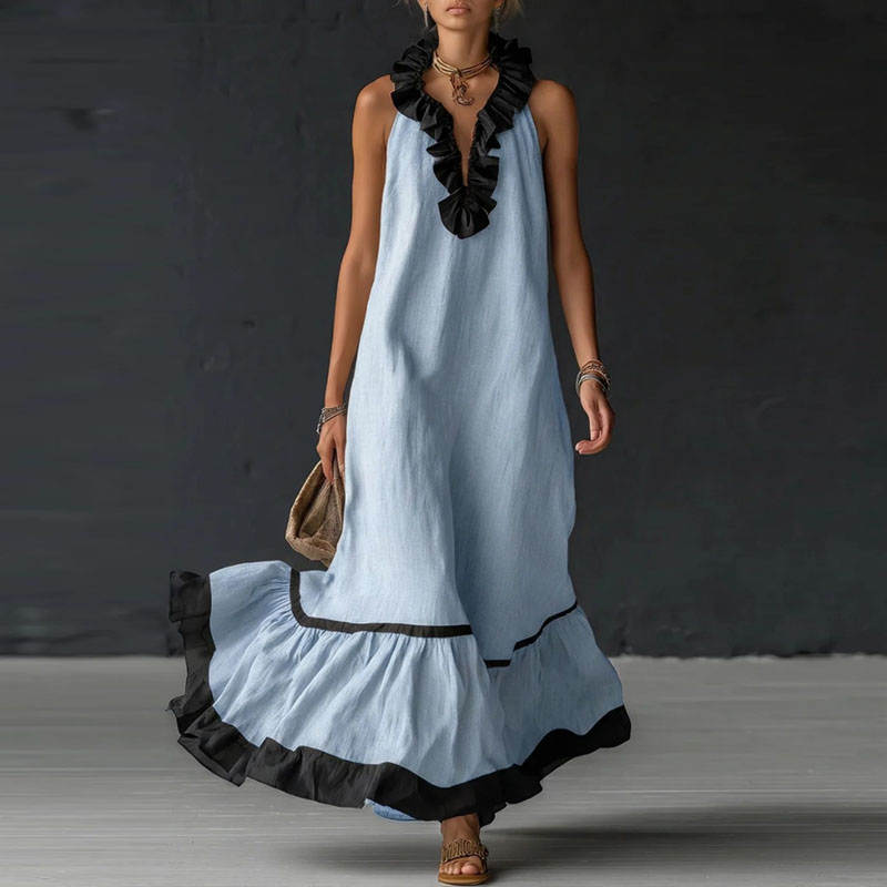 Léa – Robe Maxi Col V à Volants