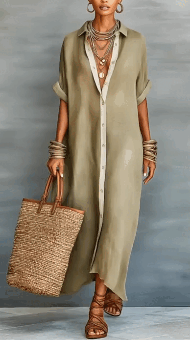 Manon – Robe Maxi Chemisier Boutonnée Manches Courtes