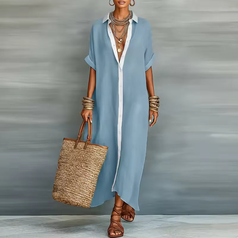 Manon – Robe Maxi Chemisier Boutonnée Manches Courtes
