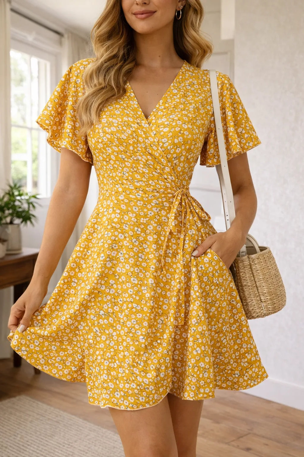 Robe courte cache-cœur fleurie