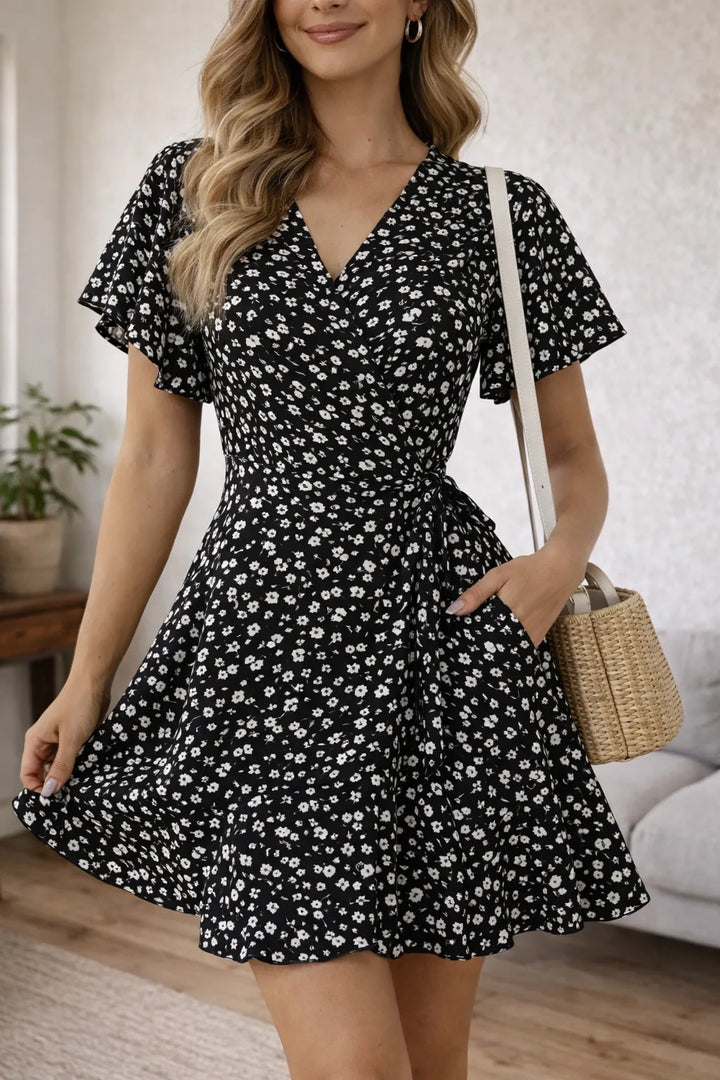 Robe courte cache-cœur fleurie