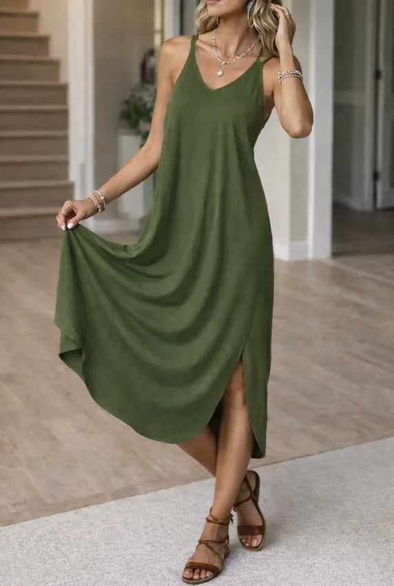 Robe midi fluide à col en V et fente latérale