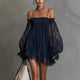 Agathe – Mini Robe Bleue Épaules Dénudées en Dentelle