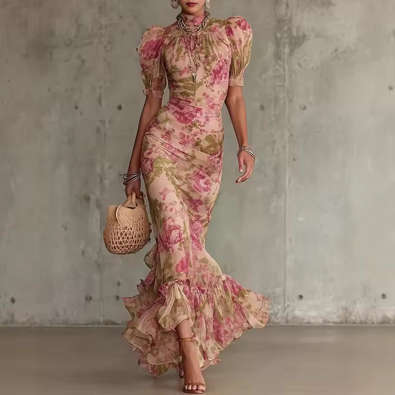 Rosalie – Robe Maxi Fleurie Manches Bouffantes