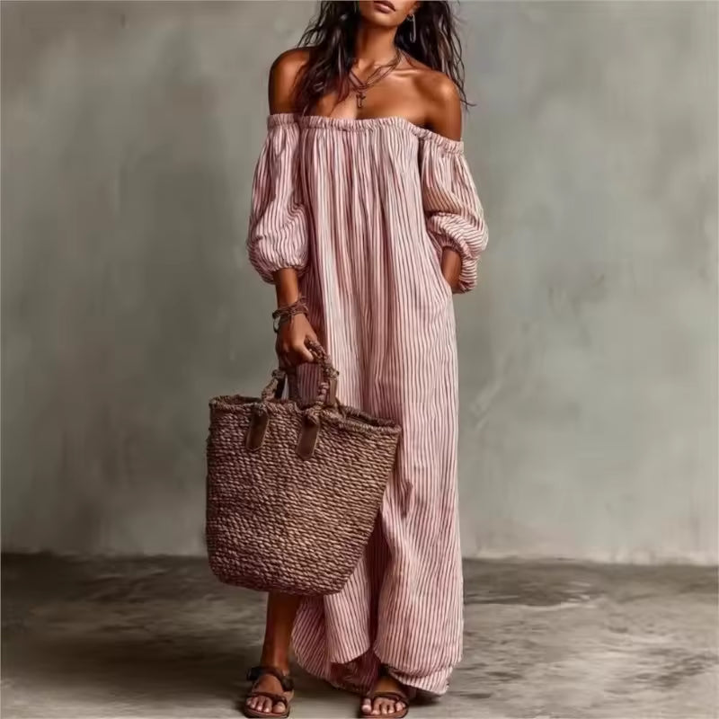 Salomé – Robe Maxi Rayée Épaules Dénudées
