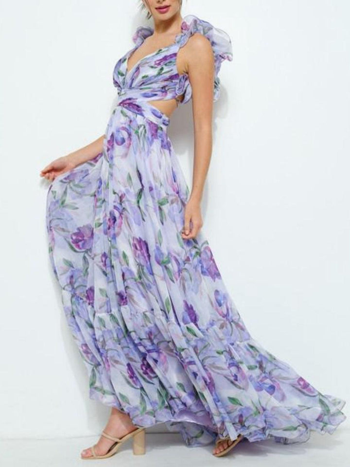 Perrine – Robe Maxi Lilas Dos Ouvert Imprimée