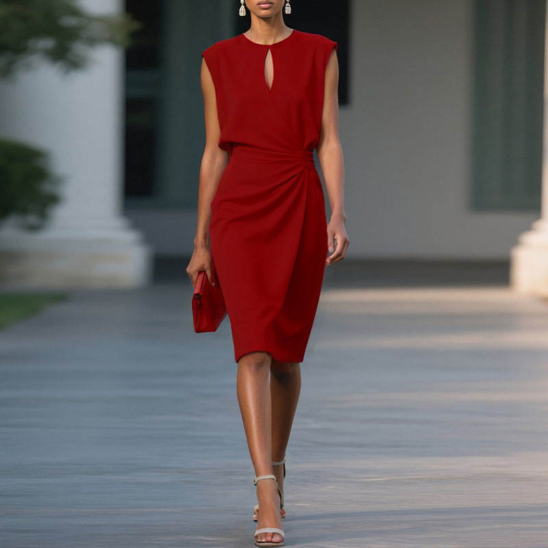 Ophélie – Robe Midi Col Rond Taille Plissée