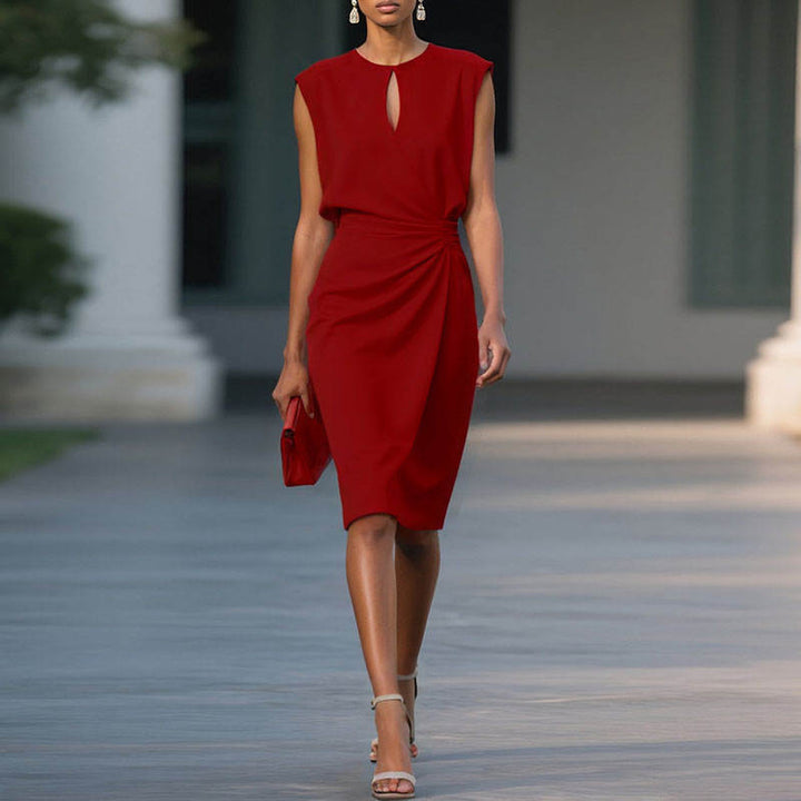 Ophélie – Robe Midi Col Rond Taille Plissée