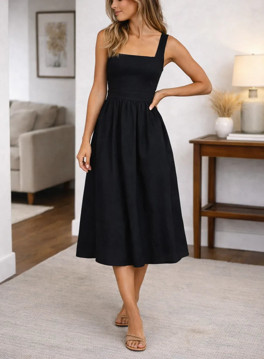 Robe midi trapèze à bustier froncé