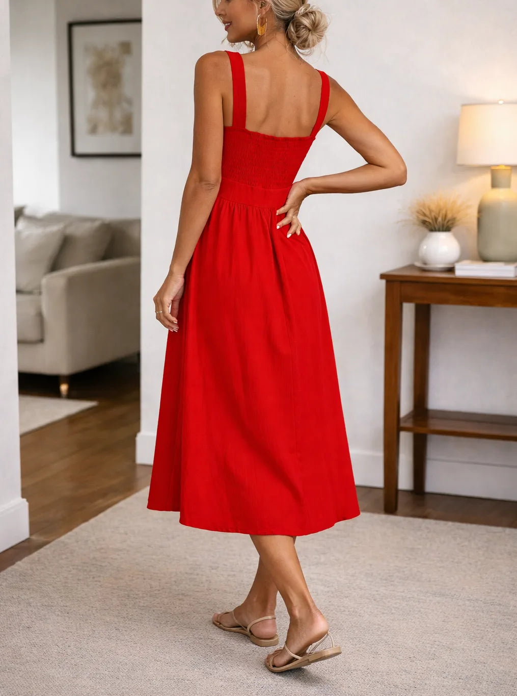 Robe midi trapèze à bustier froncé