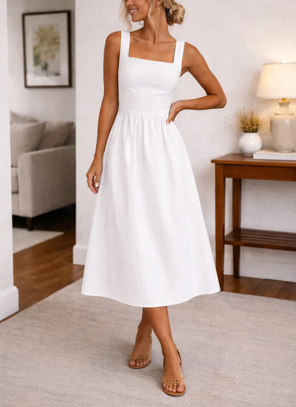 Robe midi trapèze à bustier froncé