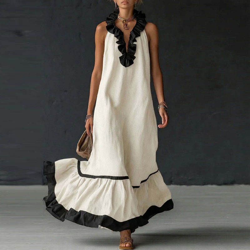 Léa – Robe Maxi Col V à Volants