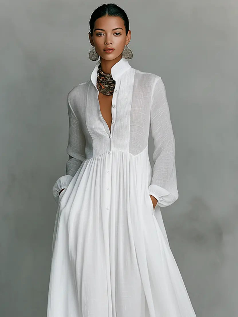 Camille – Robe Maxi Minimaliste Col Mao