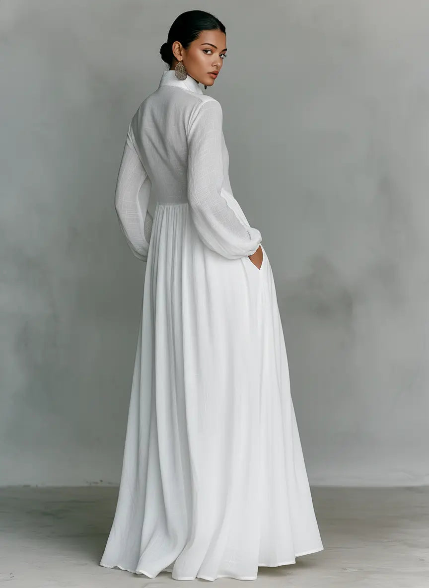Camille – Robe Maxi Minimaliste Col Mao