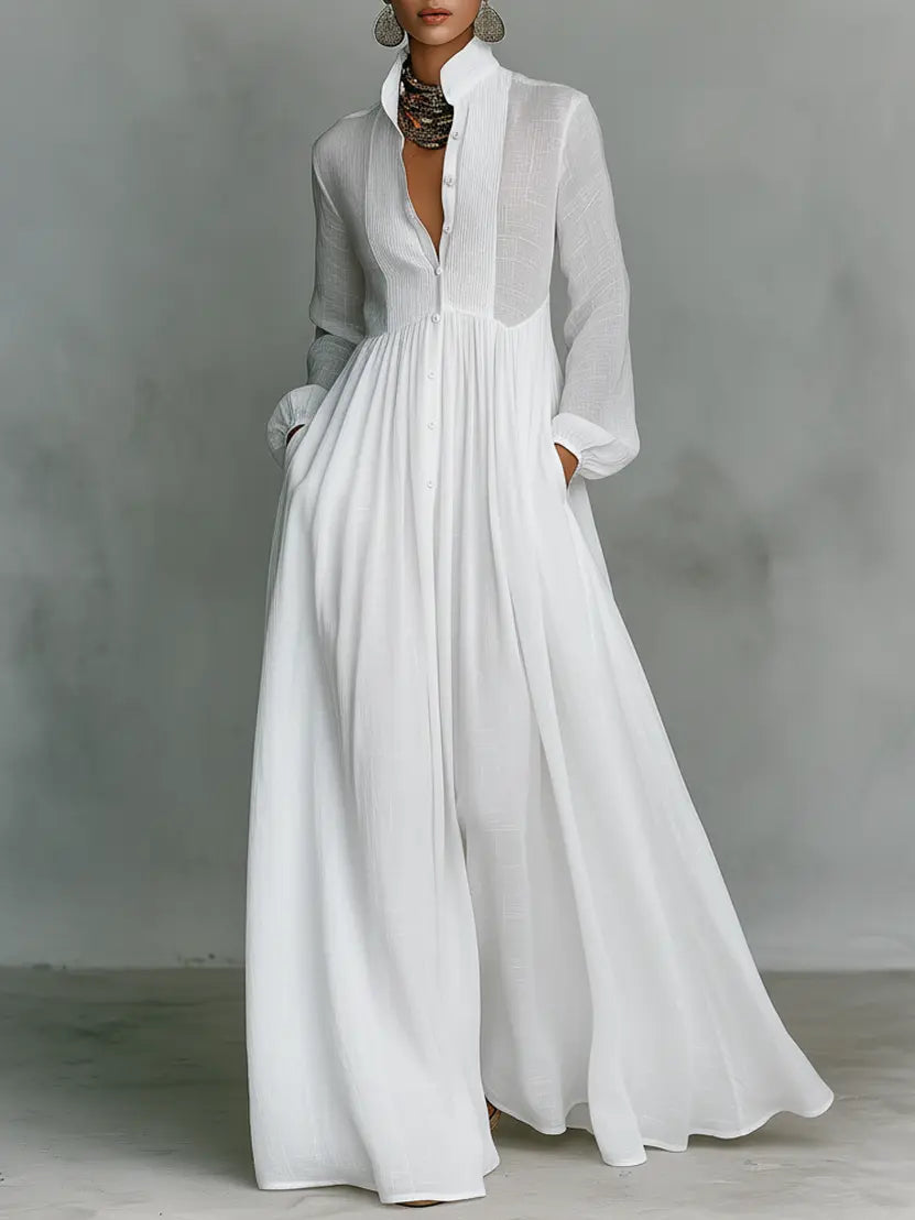 Camille – Robe Maxi Minimaliste Col Mao
