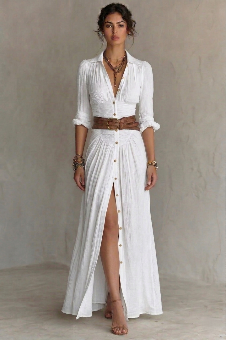 Rose – Robe Maxi Col V Plissée à Ceinture