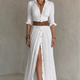 Rose – Robe Maxi Col V Plissée à Ceinture