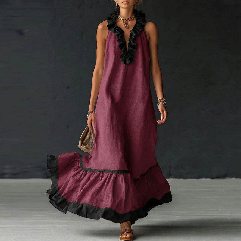 Léa – Robe Maxi Col V à Volants