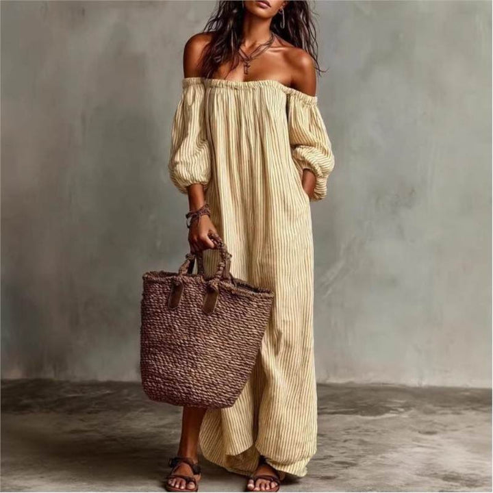 Salomé – Robe Maxi Rayée Épaules Dénudées